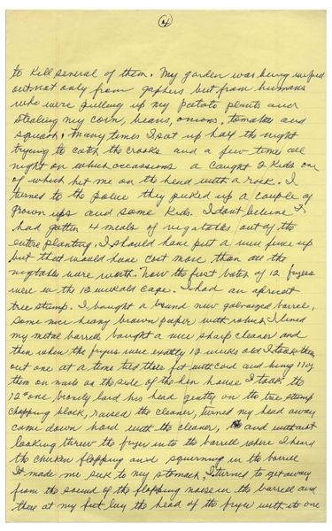 Moe Howard's Handwritten Manuscript Page When Writing His Autobiography -- Funny Stories of Moe's WWII Garden, ''caught 2 kids one of which hit me on the head with a rock''--  Single 8'' x 12.5'' Page
